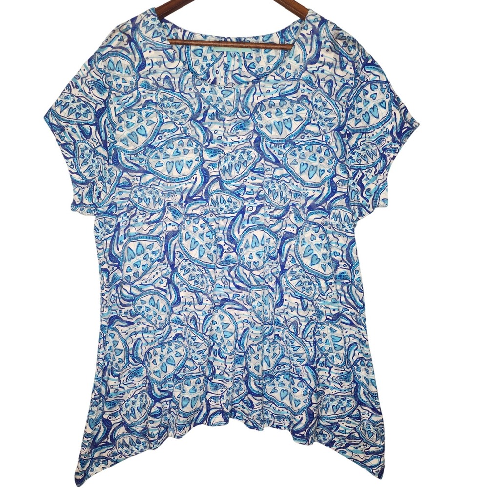 Anthony's Resort Wear Womans Top 1 X Shark Bite Hem Blue Sea‎ Turtle Print Beach